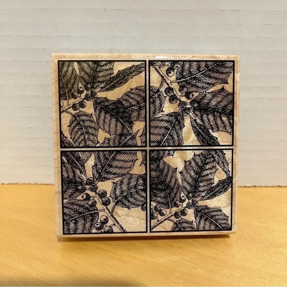 Impression Obsession Holly Square rubber stamp Christmas wood F1268 - Picture 1 of 6